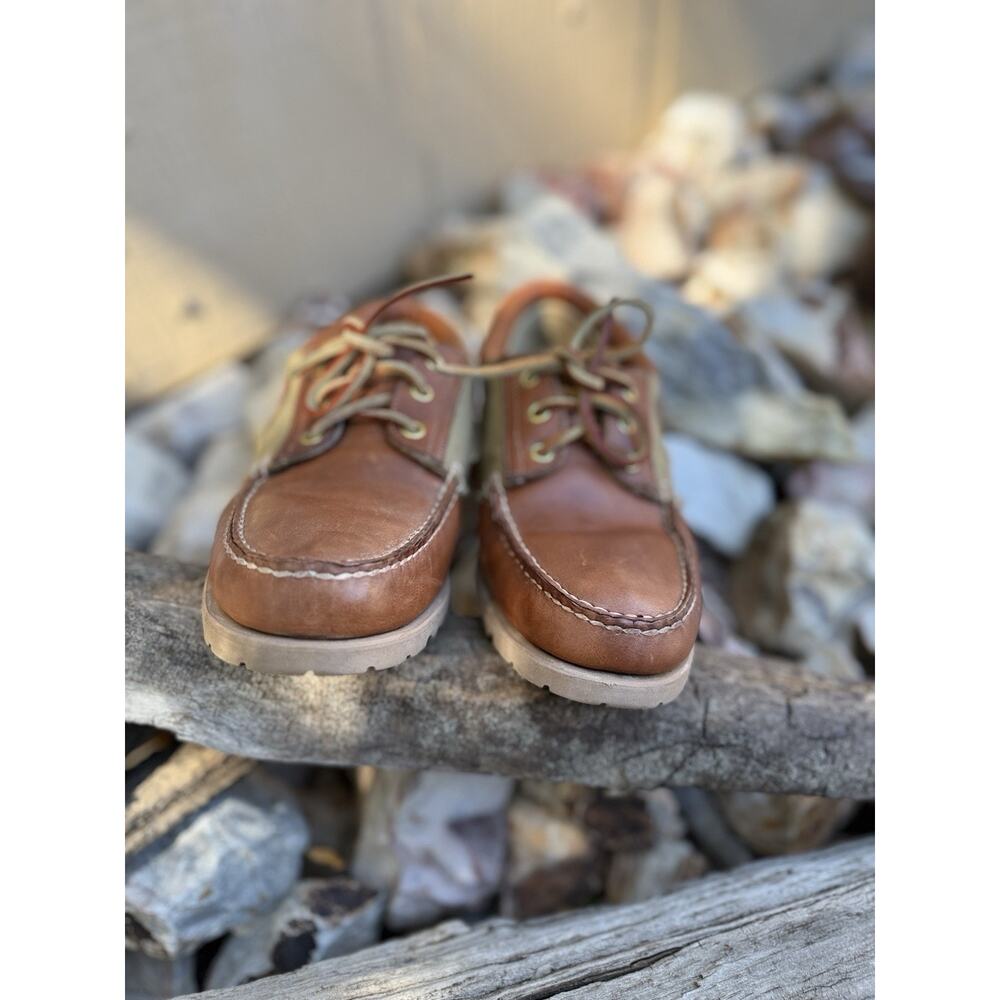 Timberland Boat Shoes Mens 8 M Brown Leather/Tan Canvas‎ Loafer EUC